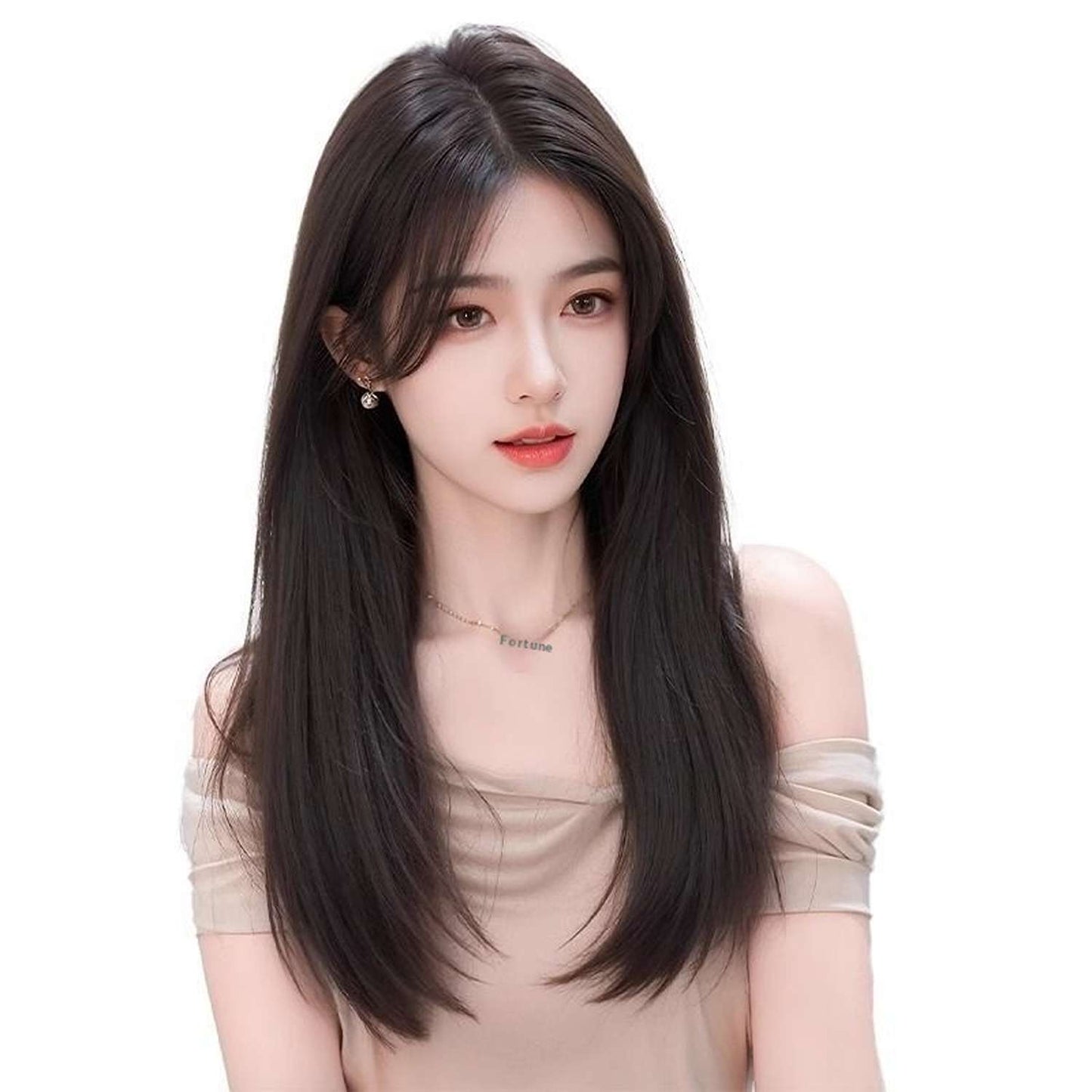 Long natural brown-black synthetic wig with Chinese bangs demonstrating sleek straight style and volume
