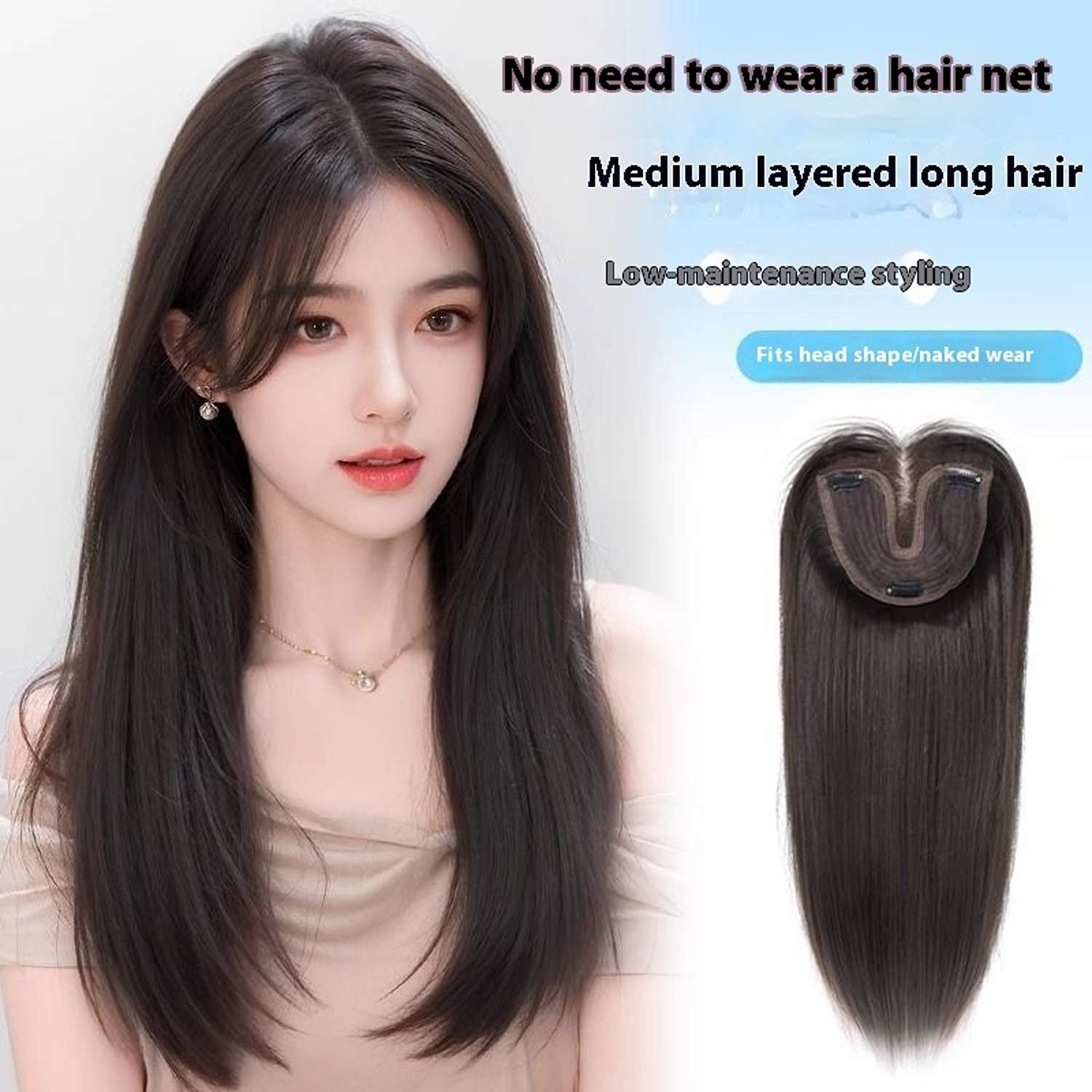 Woman wearing long brown-black synthetic wig with Chinese bangs showing natural movement and texture
