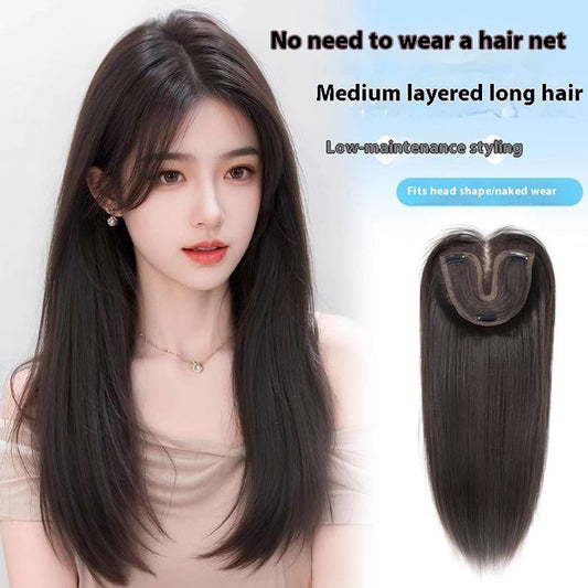 Woman wearing long brown-black synthetic wig with Chinese bangs showing natural movement and texture
