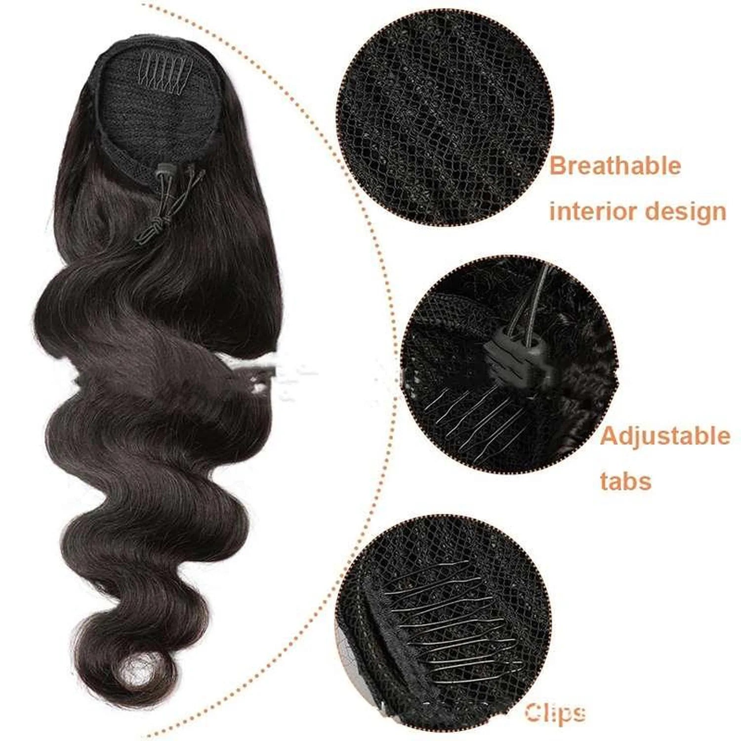Breathable mesh cap adjustable tabs secure clips construction features infographic detail ponytail extension