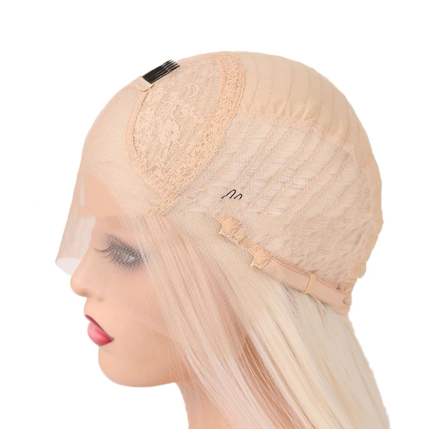 Lace front wig cap adjustable straps clips secure fit profile view bleached knots