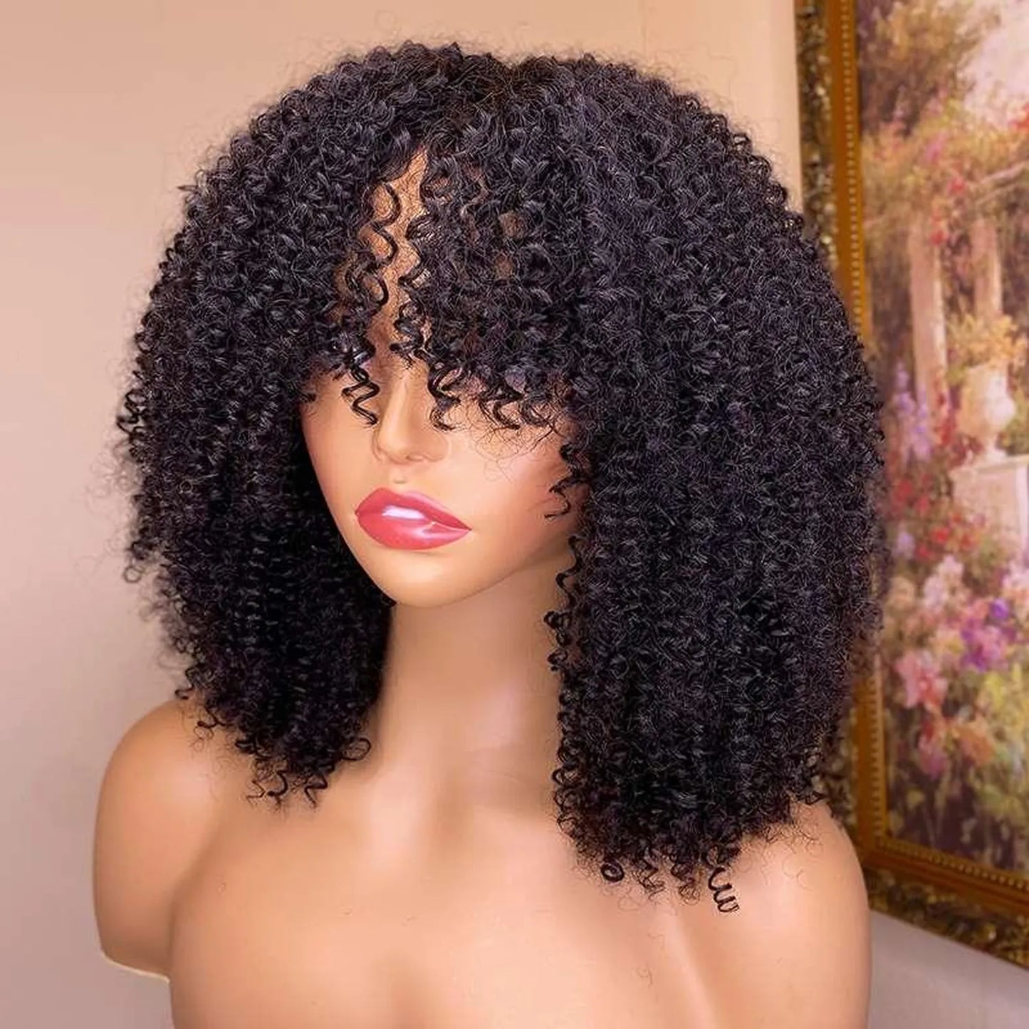 Virgin remy kinky curly human hair wig natural black bangs 150 percent density front view