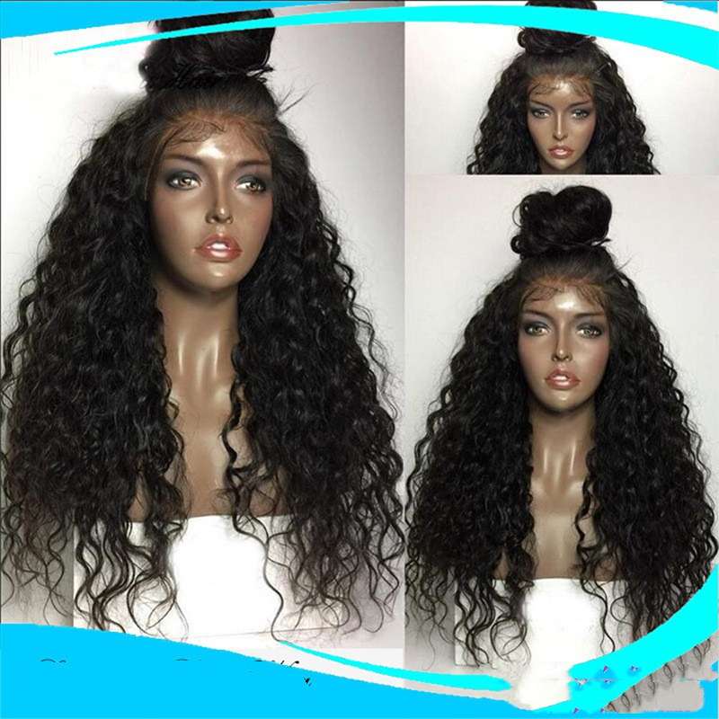 Long curly synthetic wig back view displaying full cascading curls reaching mid-back length with natural volume and movement
