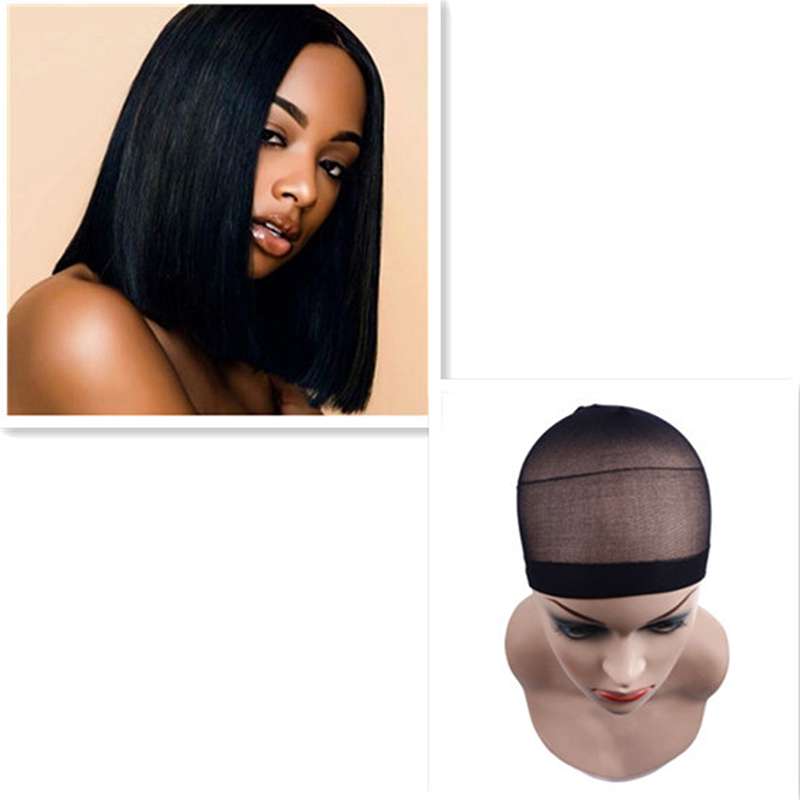 Black bob wig cap construction detail on mannequin head showing secure fit and breathable design
