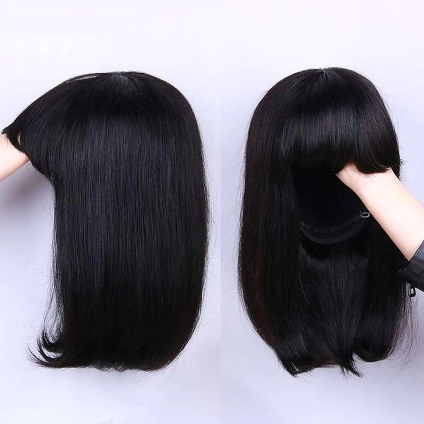Short black bob wig back front view comparison smooth straight human hair bangs 10 inch