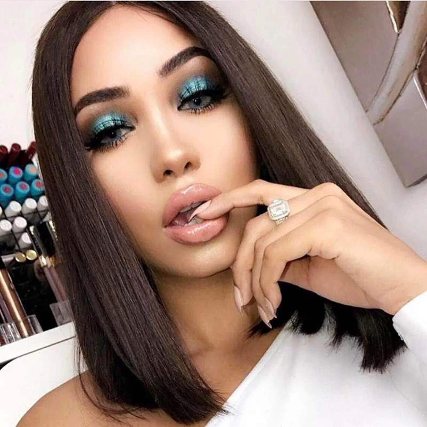 Natural black heat resistant bob wig silky straight pre-styled shake and go side angle