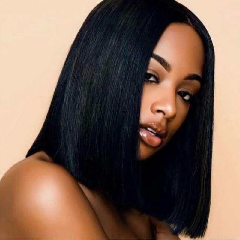 Black bob wig with precision cut showing sleek straight style and professional quality
