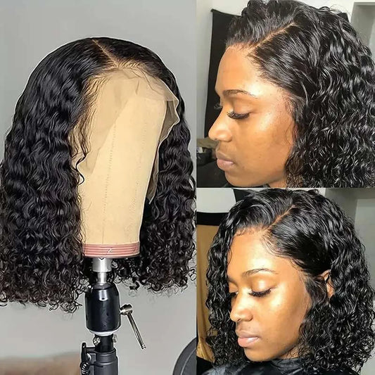 Black jerry curly bob wig synthetic 14 inch heat resistant 13x4 lace closure natural hairline