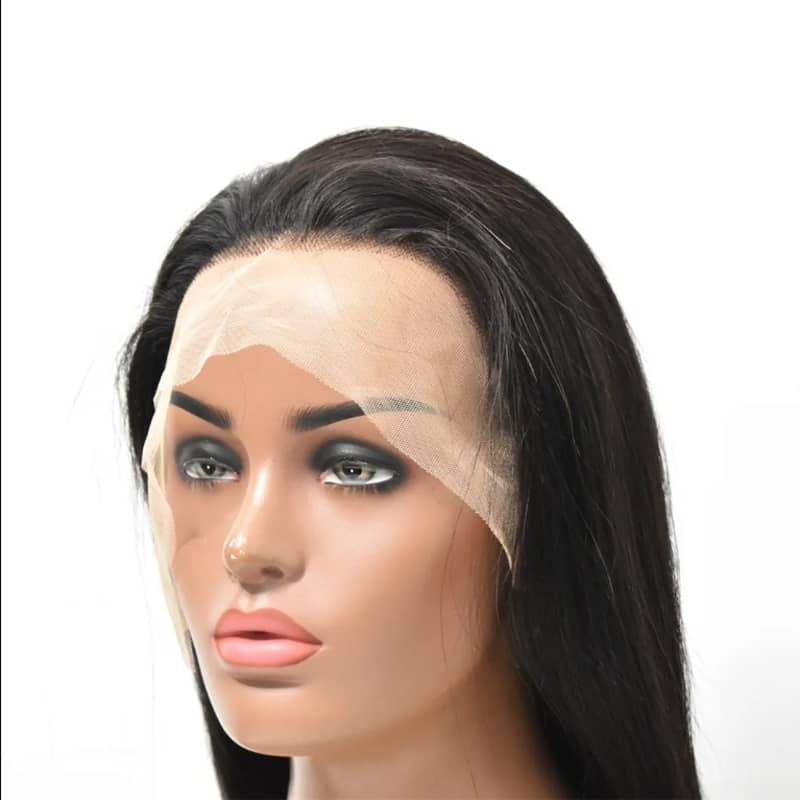 Front view of black lace front wig showing natural hairline and center part
