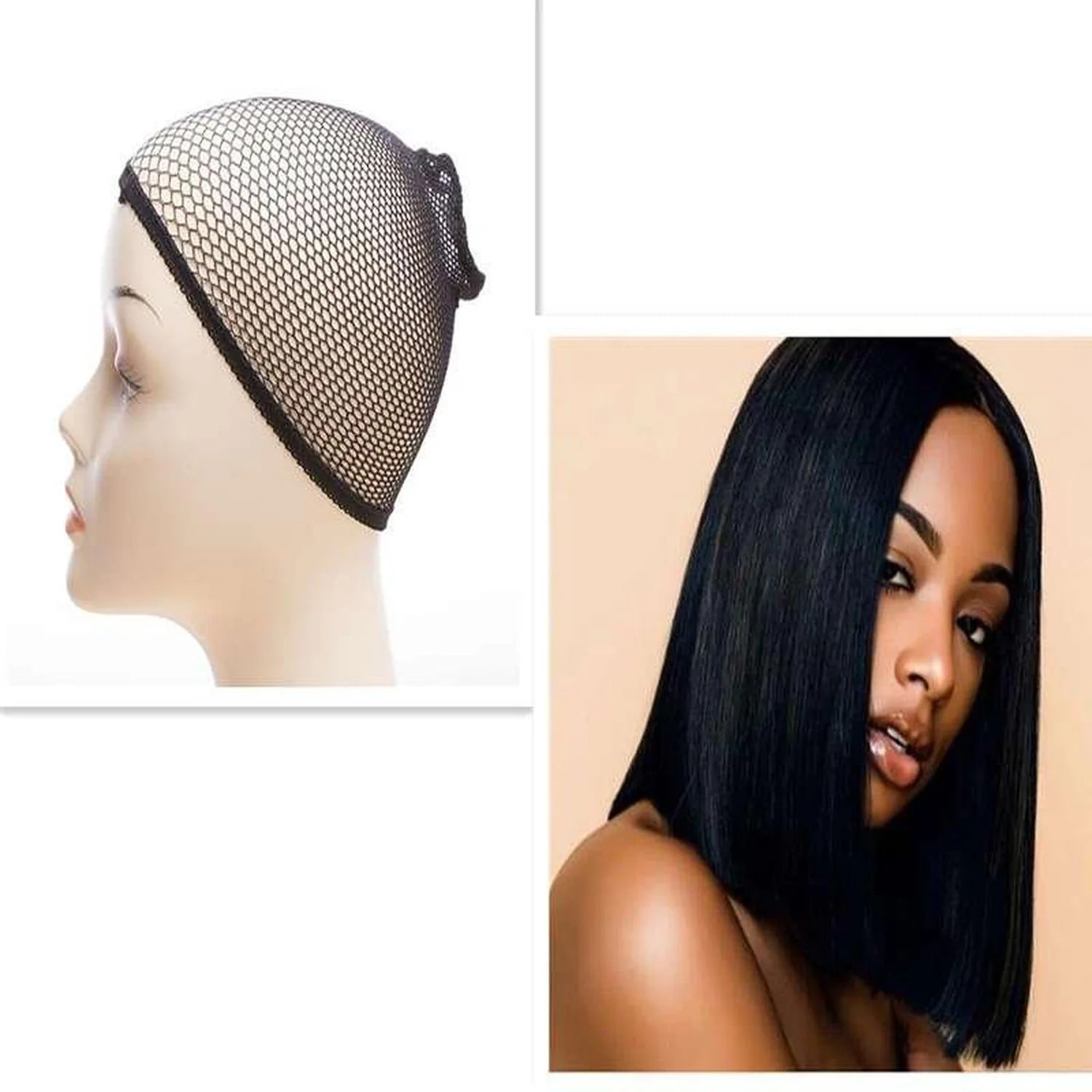 Synthetic bob wig breathable mesh cap black adjustable straps built-in combs cap and styled result