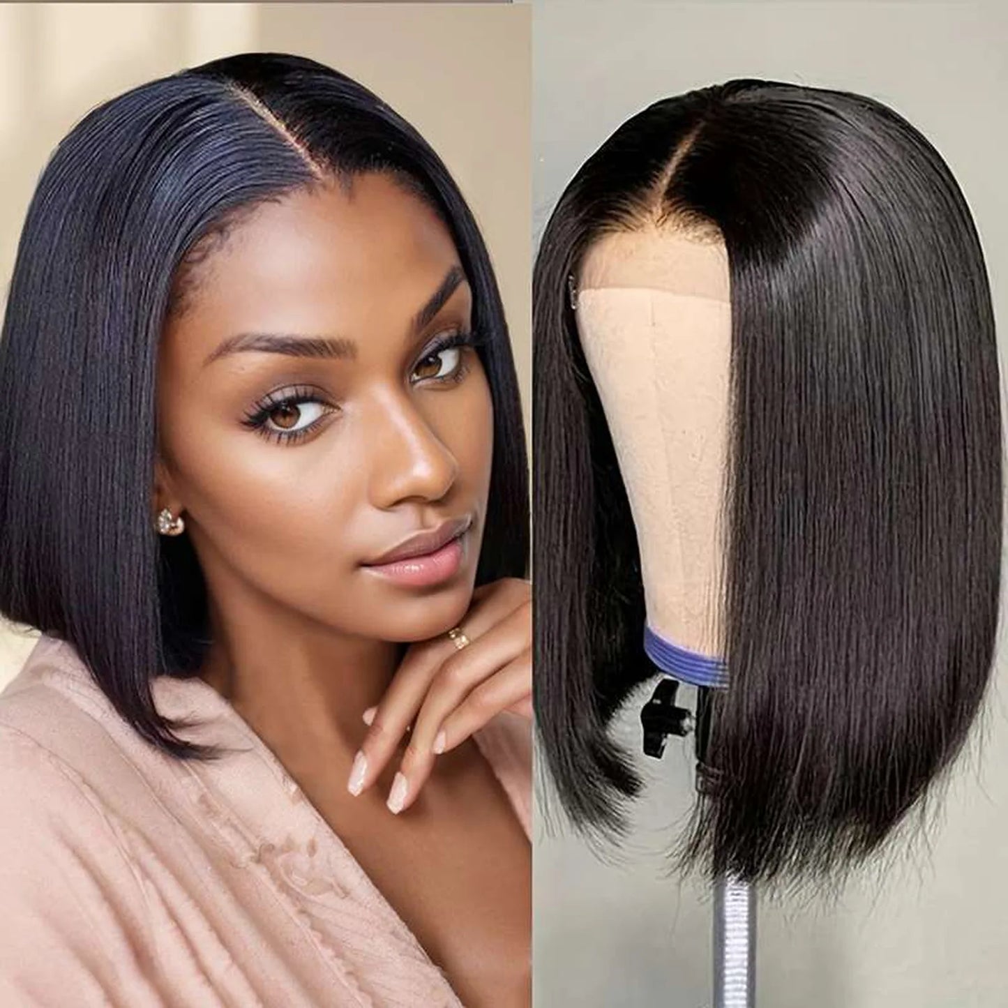 Black bob wig synthetic straight 10 inch heat resistant pre-styled ready to wear