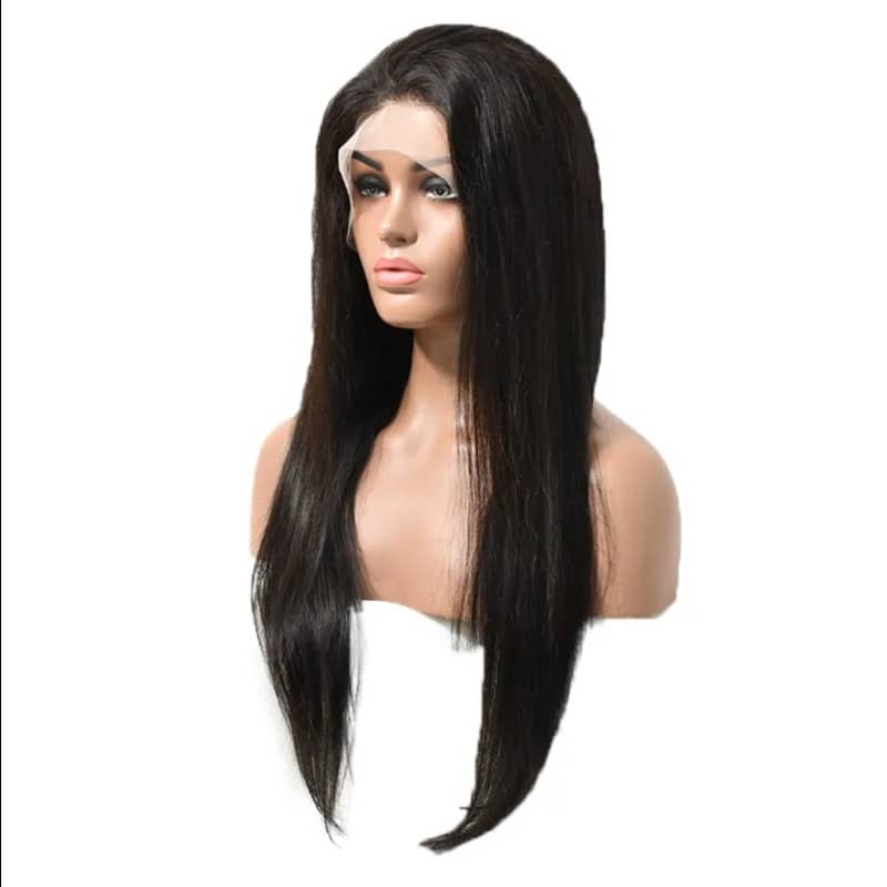 Close detail view highlighting smooth texture of black human hair wig strands
