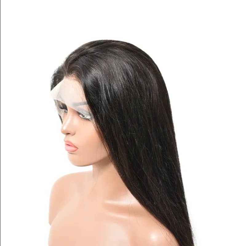 Back profile showing full length of black straight human hair wig texture
