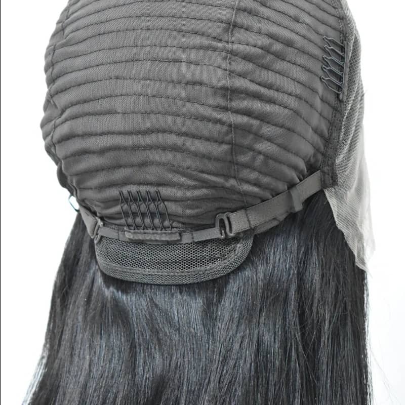 Black straight wig worn on model showing natural look and comfortable fit style