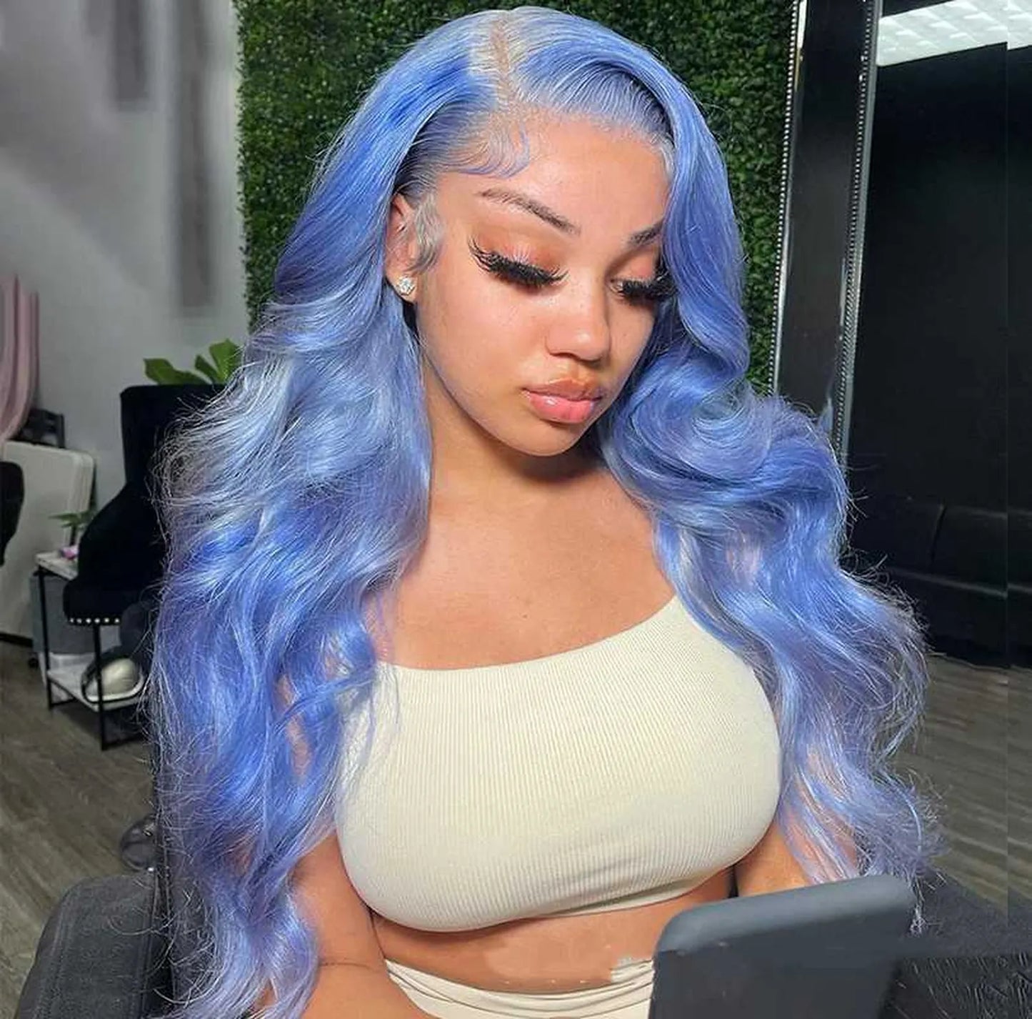 Virgin remy body wave wig blue lace front pre-plucked hairline 180% density front view