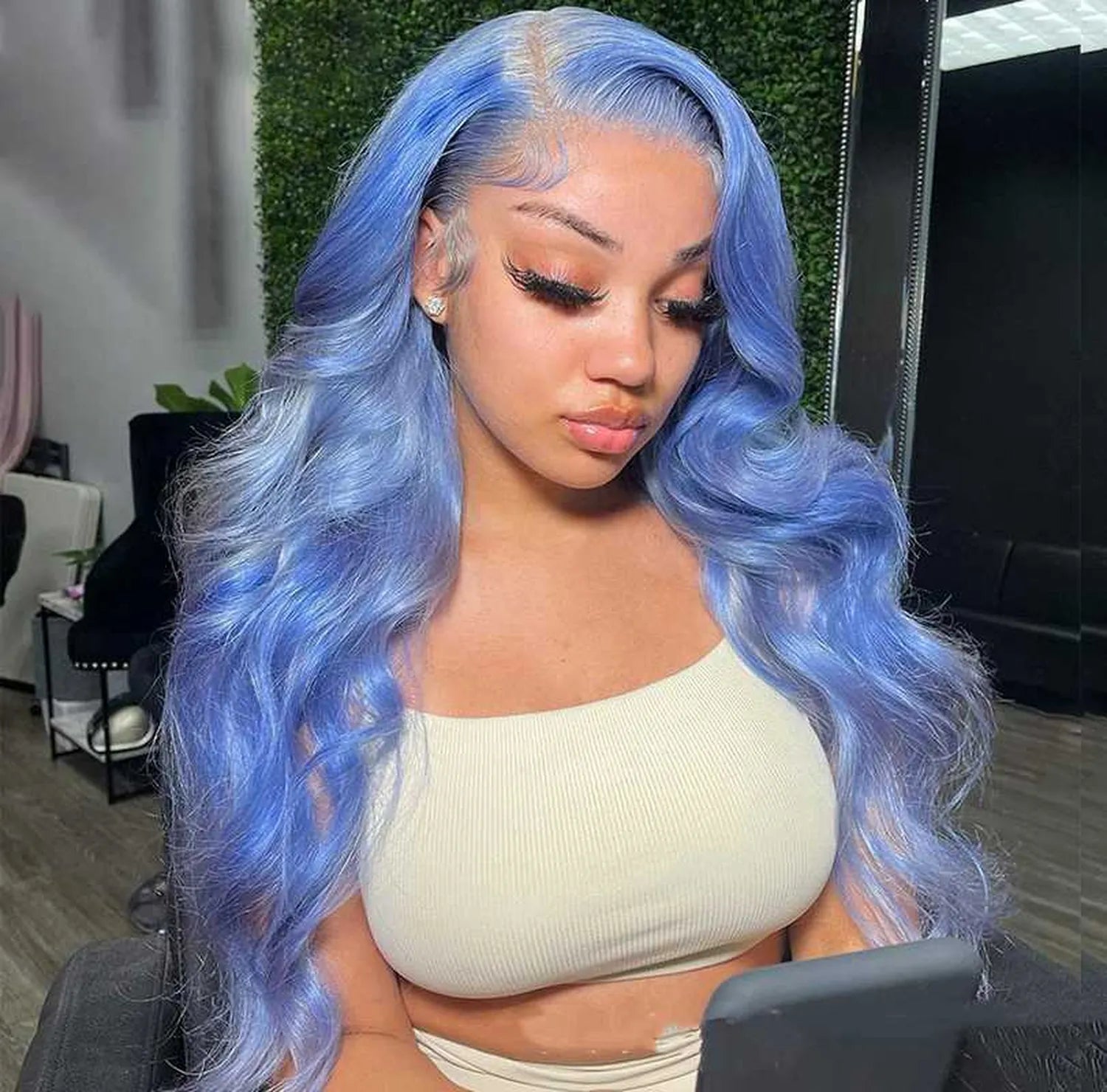 Virgin remy body wave wig blue lace front pre-plucked hairline 180% density front view