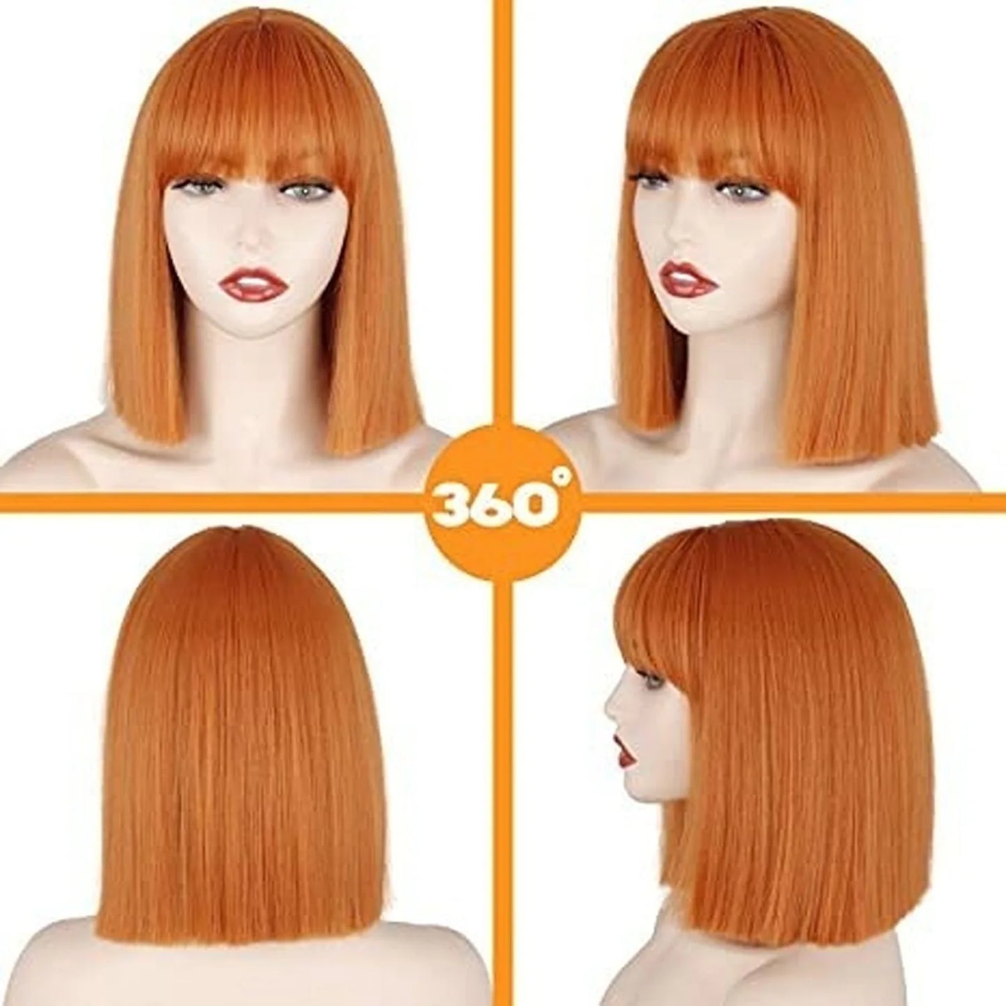 Orange synthetic wig heat resistant bob four angle views front back sides