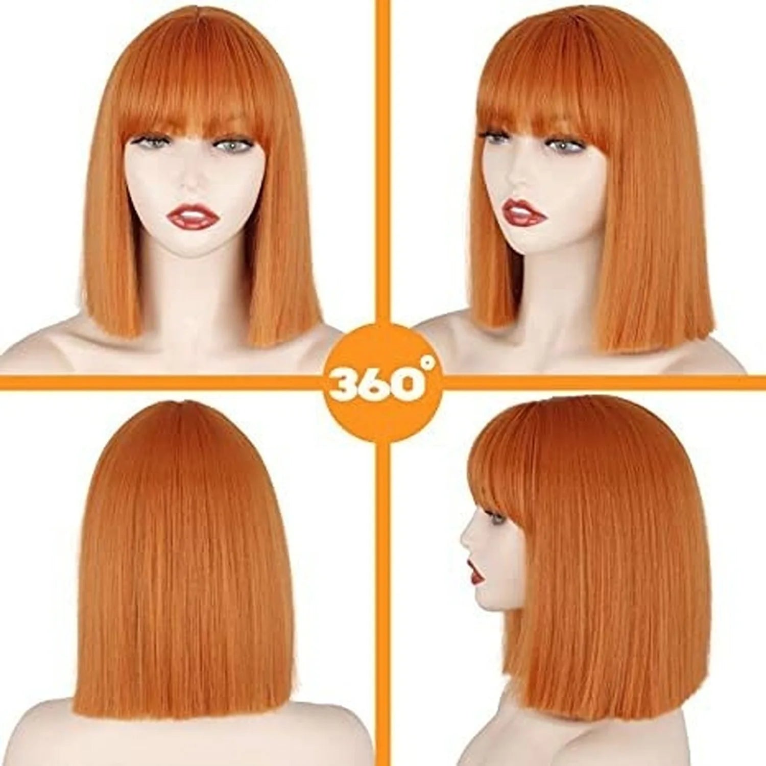 Orange synthetic wig heat resistant bob four angle views front back sides