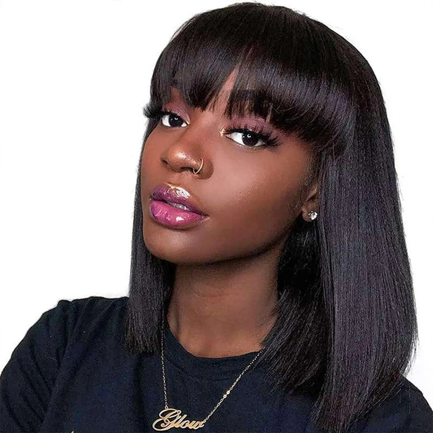 Short black bob wig lace front human hair pre-plucked natural hairline bangs 10 inch