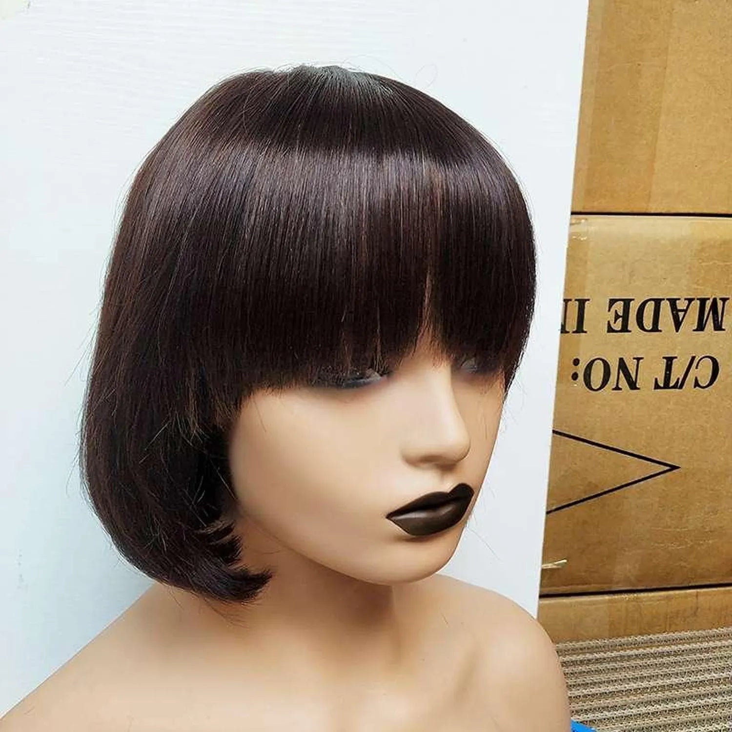Bob wig with bangs human hair natural black cuticle aligned heat resistant side angle