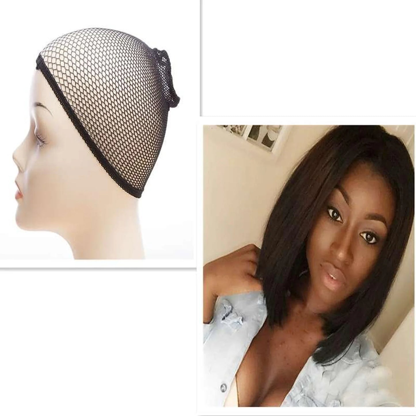 Black bob wig elastic straps synthetic adjustable design lightweight breathable mesh cap and result
