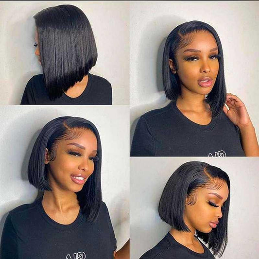 Human hair bob wig lace front natural black shown from four different angles on model with makeup