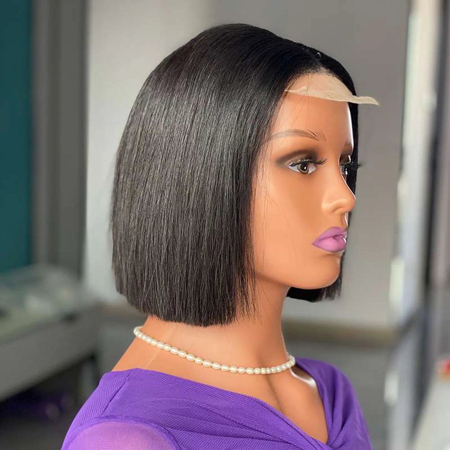 Straight bob lace wig human hair natural black HD 150% density side angle