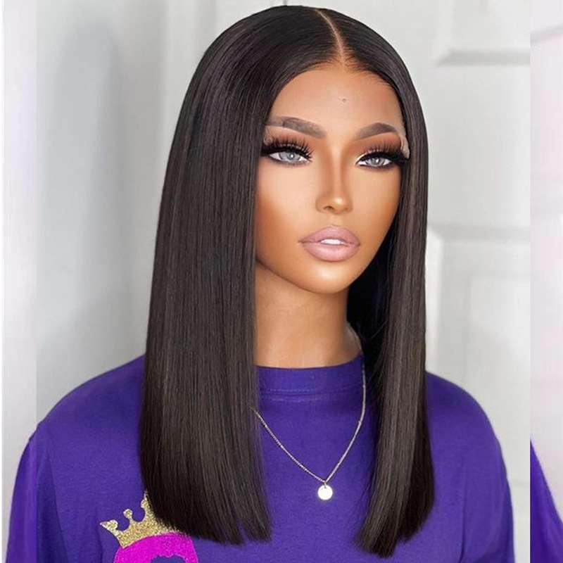 Human hair bone straight lace front wig natural black 16 inch