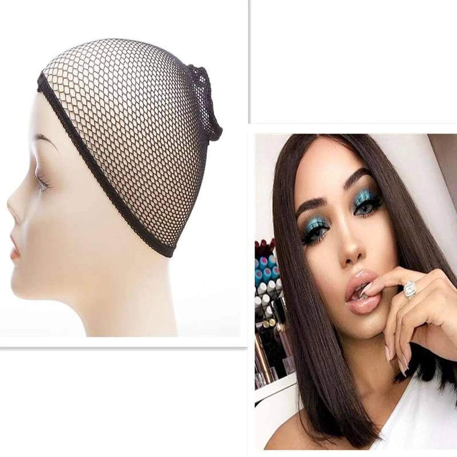 Synthetic bob wig adjustable mesh cap black silky straight lightweight secure fit cap detail result