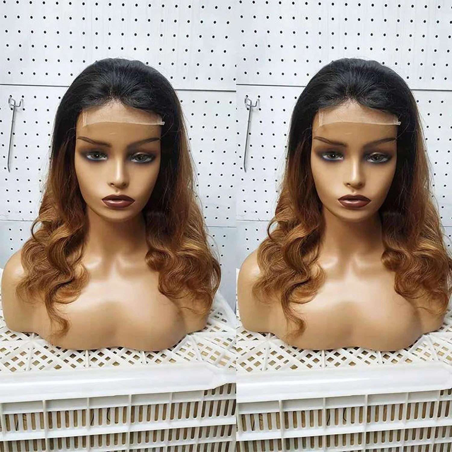 Human hair lace front wig ombre black blonde wavy natural hairline dual view