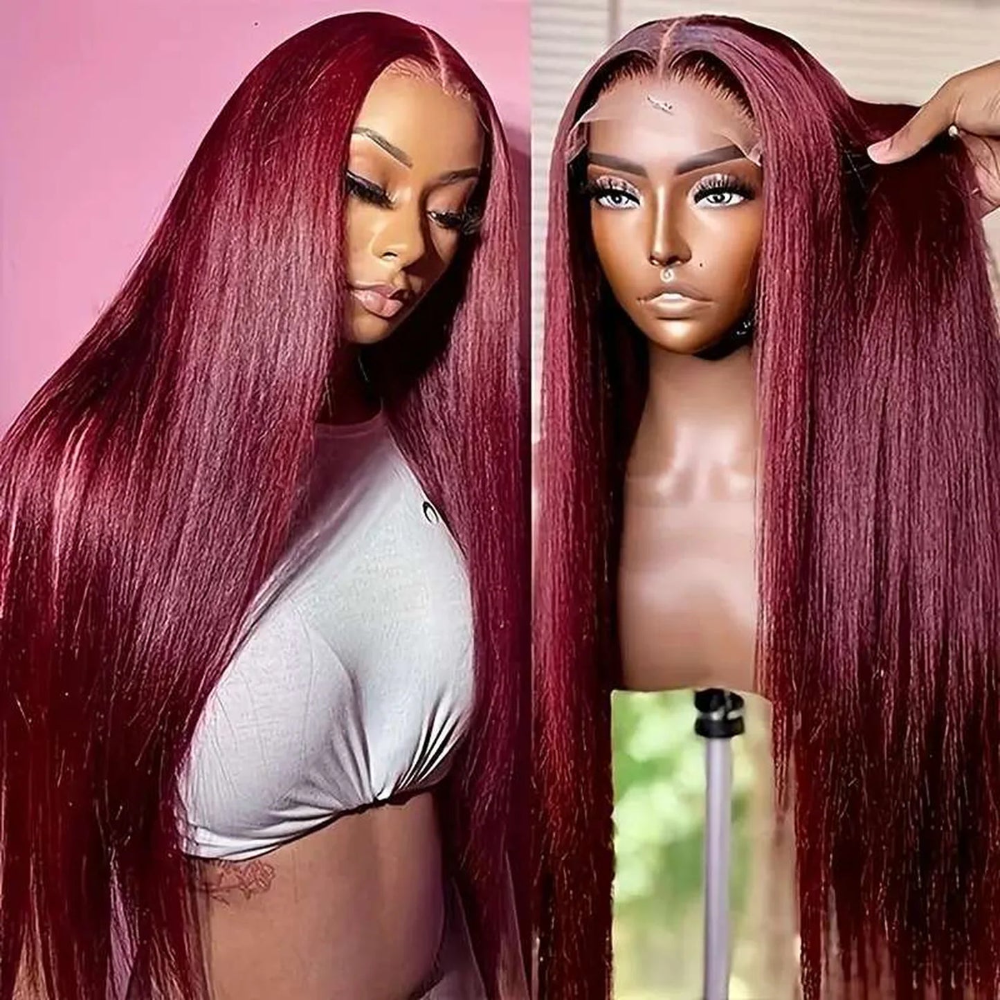 Heat resistant synthetic wig straight burgundy 32 inch lace front pre-plucked 180% density front view