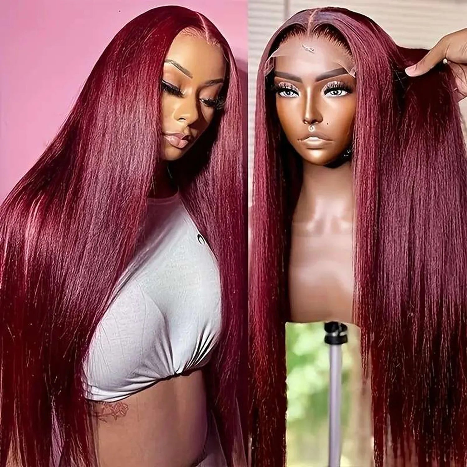 Heat resistant synthetic wig straight burgundy 32 inch lace front pre-plucked 180% density front view