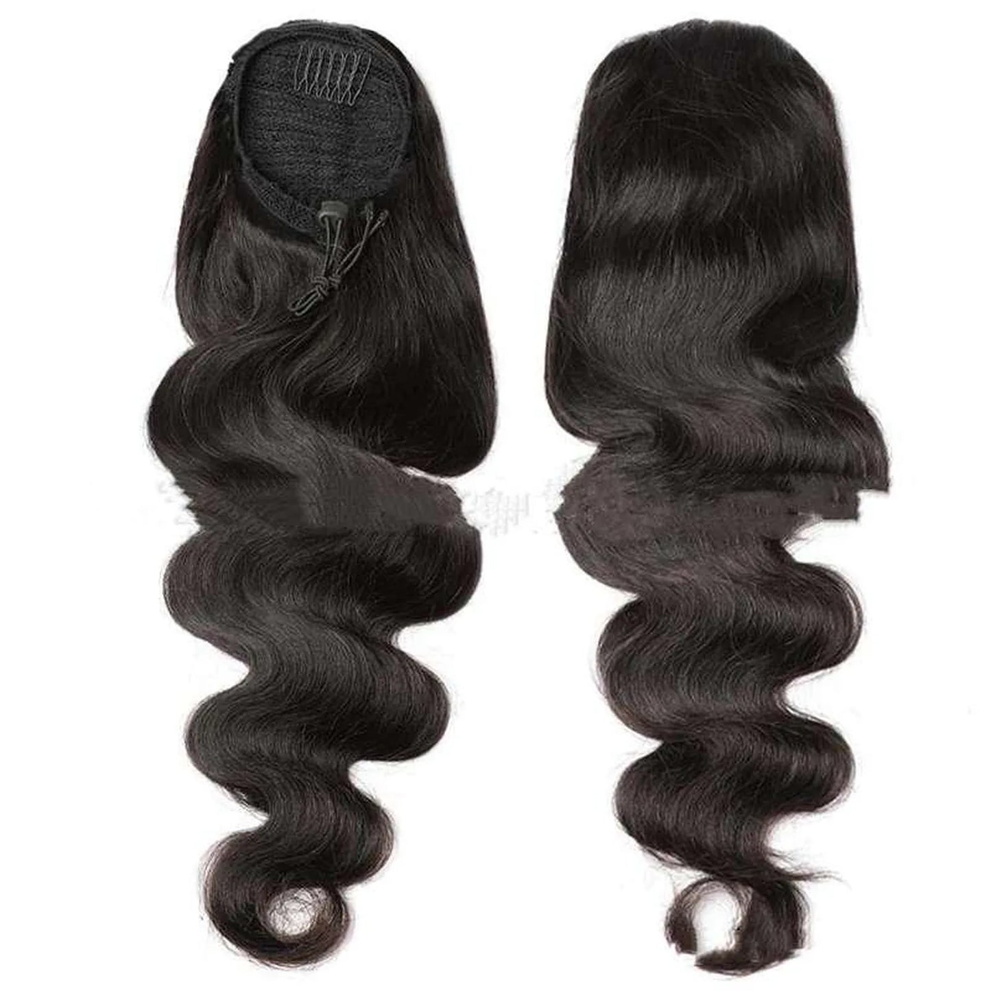 Natural black wavy ponytail full length dual angle drawstring cap construction detail view