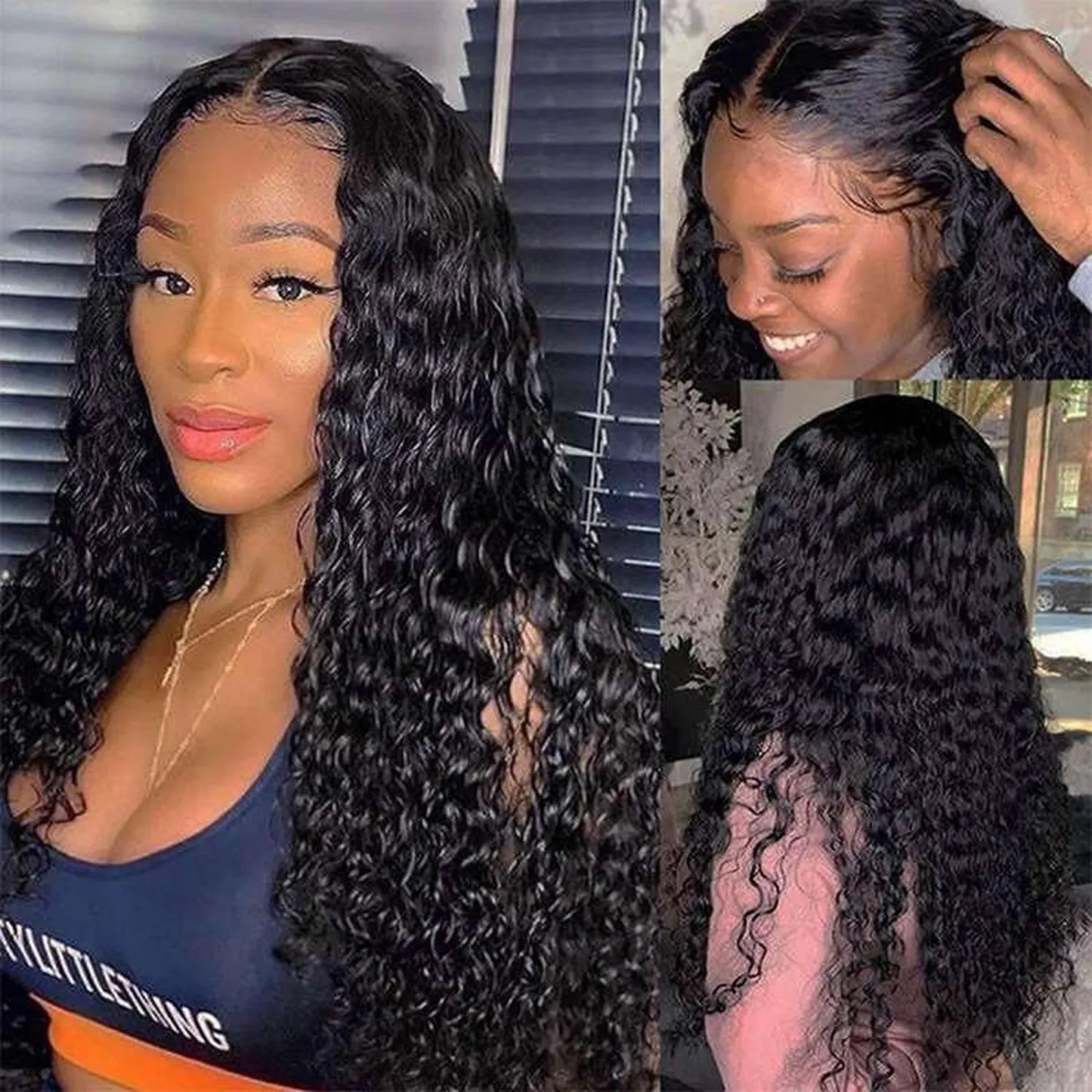 Human hair curly lace front wig natural black worn by model three angle views