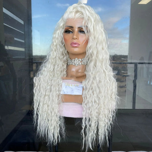 Platinum blonde curly lace front wig long wavy hair 613 color HD lace front view