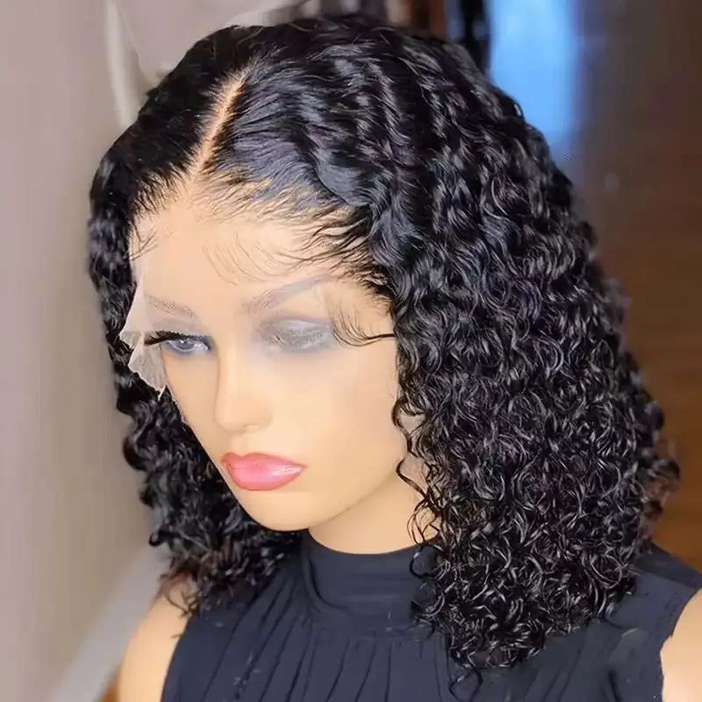 Curly bob wig 14 inch black synthetic heat resistant jerry curl texture side angle detail