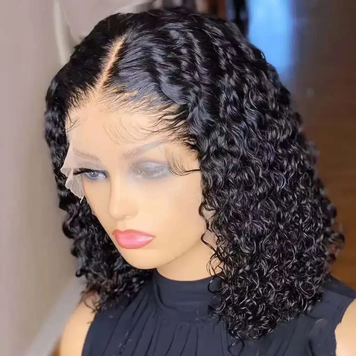 Curly bob wig 14 inch black synthetic heat resistant jerry curl texture side angle detail