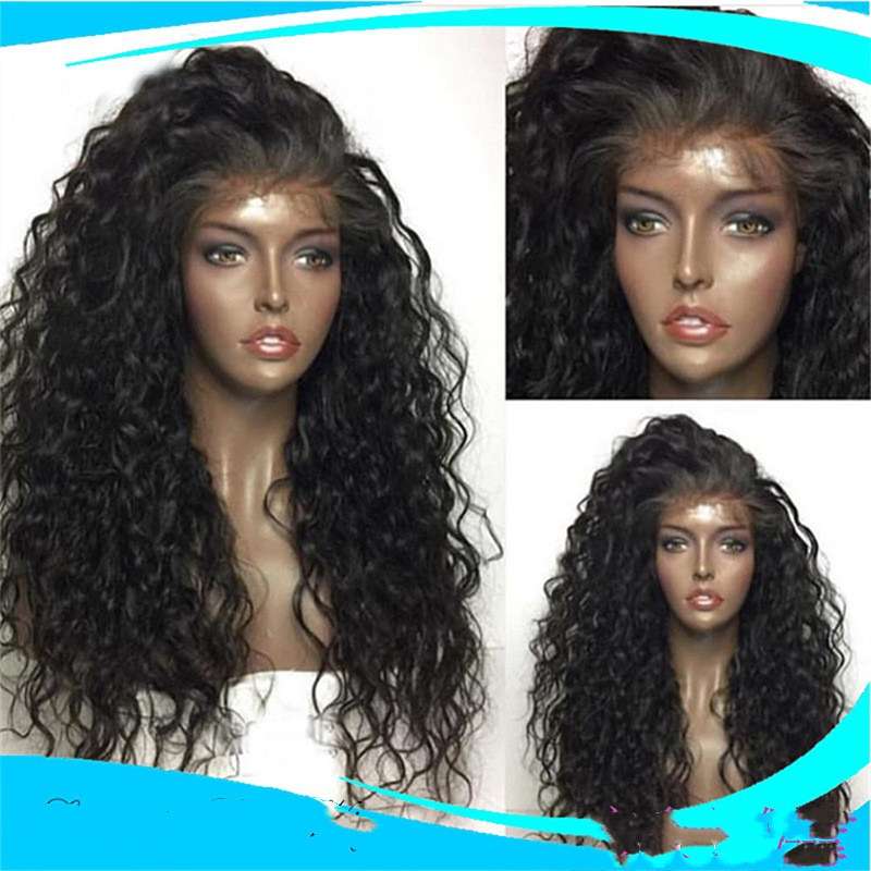 Long curly black synthetic wig displayed on three mannequins showing front view close-up and side angle with lace front hairline for women

