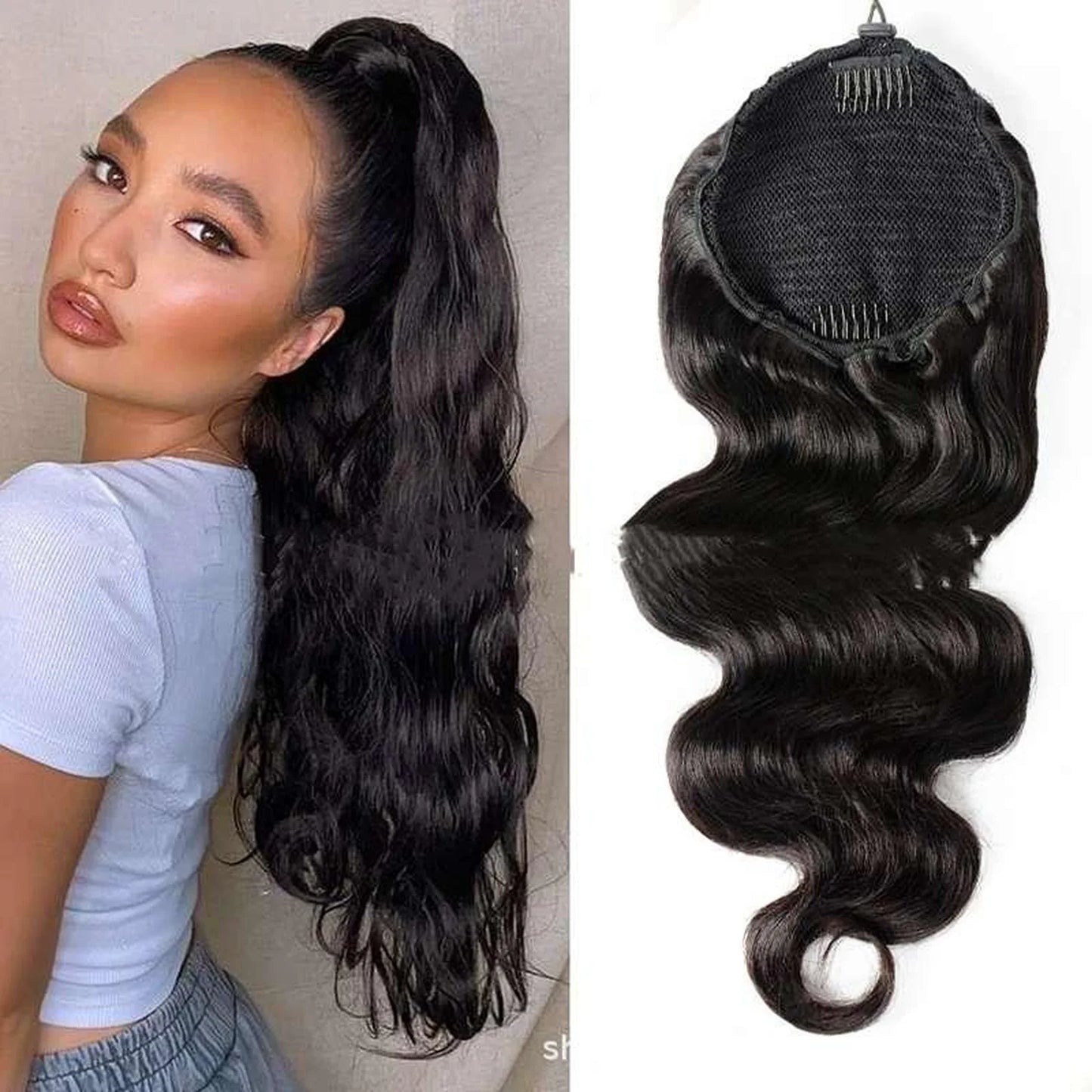 Wavy ponytail hair extension worn by model front view drawstring attachment mechanism back closeup