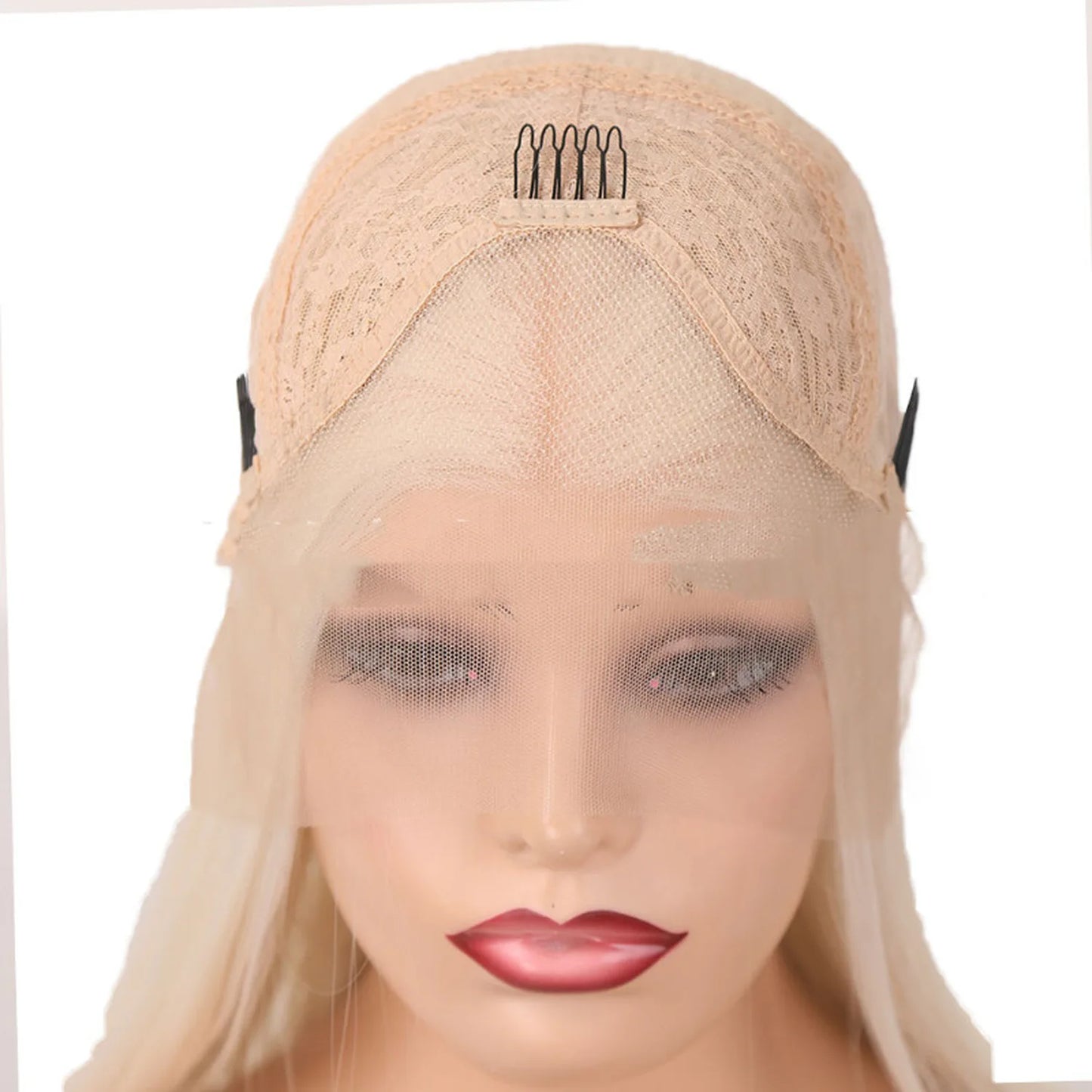 Lace wig cap construction ear tabs elastic band comb attachment front view
