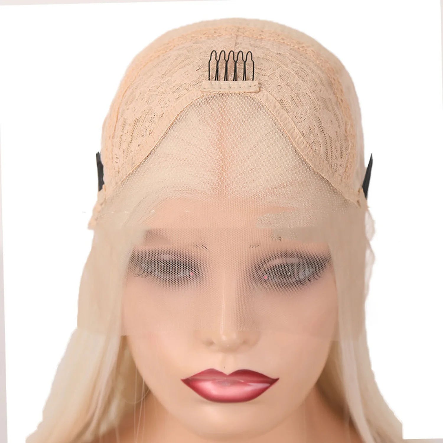 Lace wig cap construction ear tabs elastic band comb attachment front view