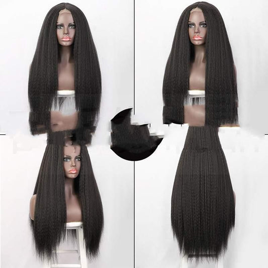 Front view of premium lace front synthetic wig showcasing natural black color and silky straight texture
