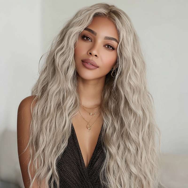Side angle black to grey gradient ombre wig long wavy synthetic heat resistant fiber