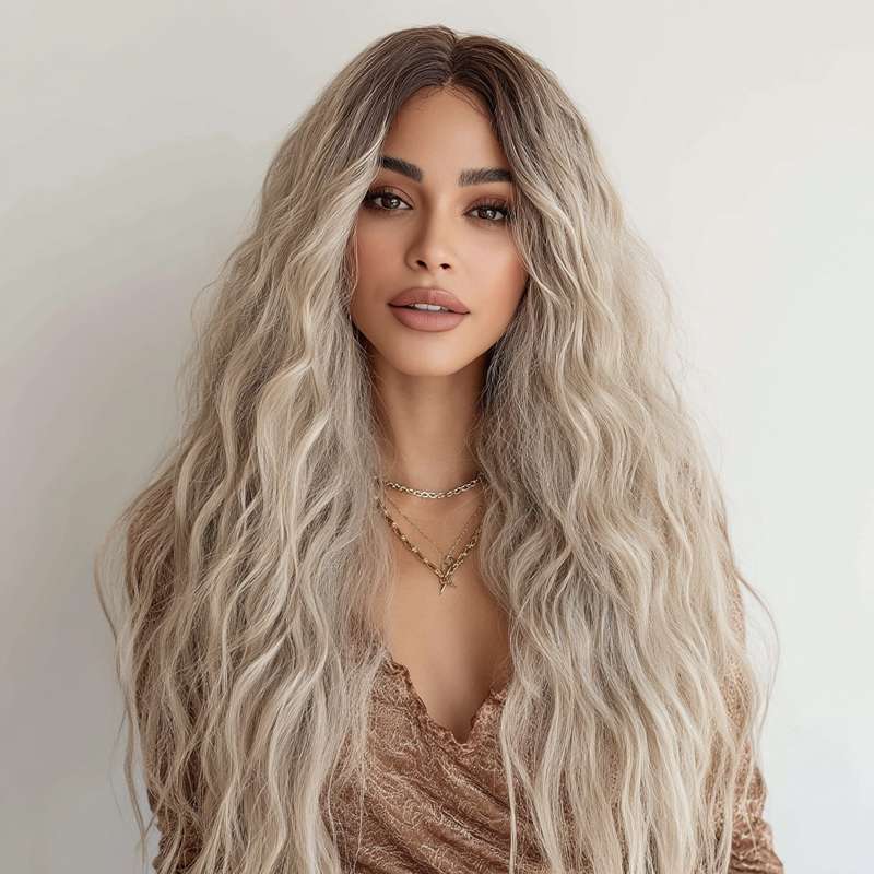 Side view long black to grey ombre wavy wig synthetic heat resistant natural volume