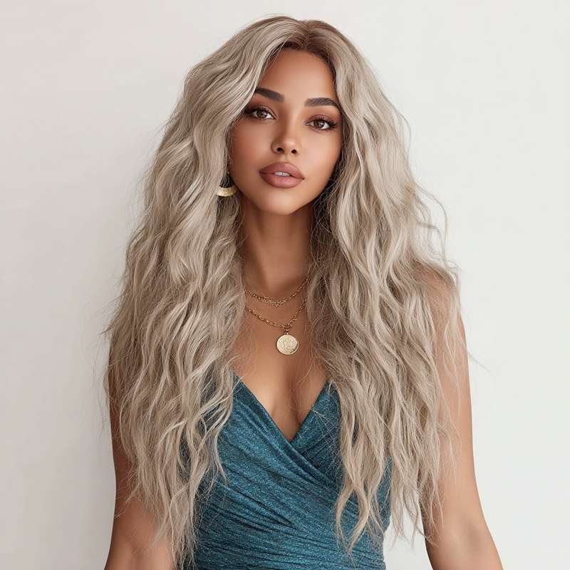 Close-up wave texture detail black grey ombre synthetic wig heat resistant fiber curls