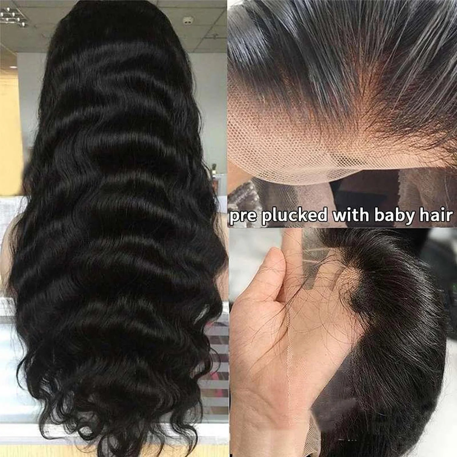 HD lace closure wig body wave natural black virgin remy pre-plucked baby hairs closeup