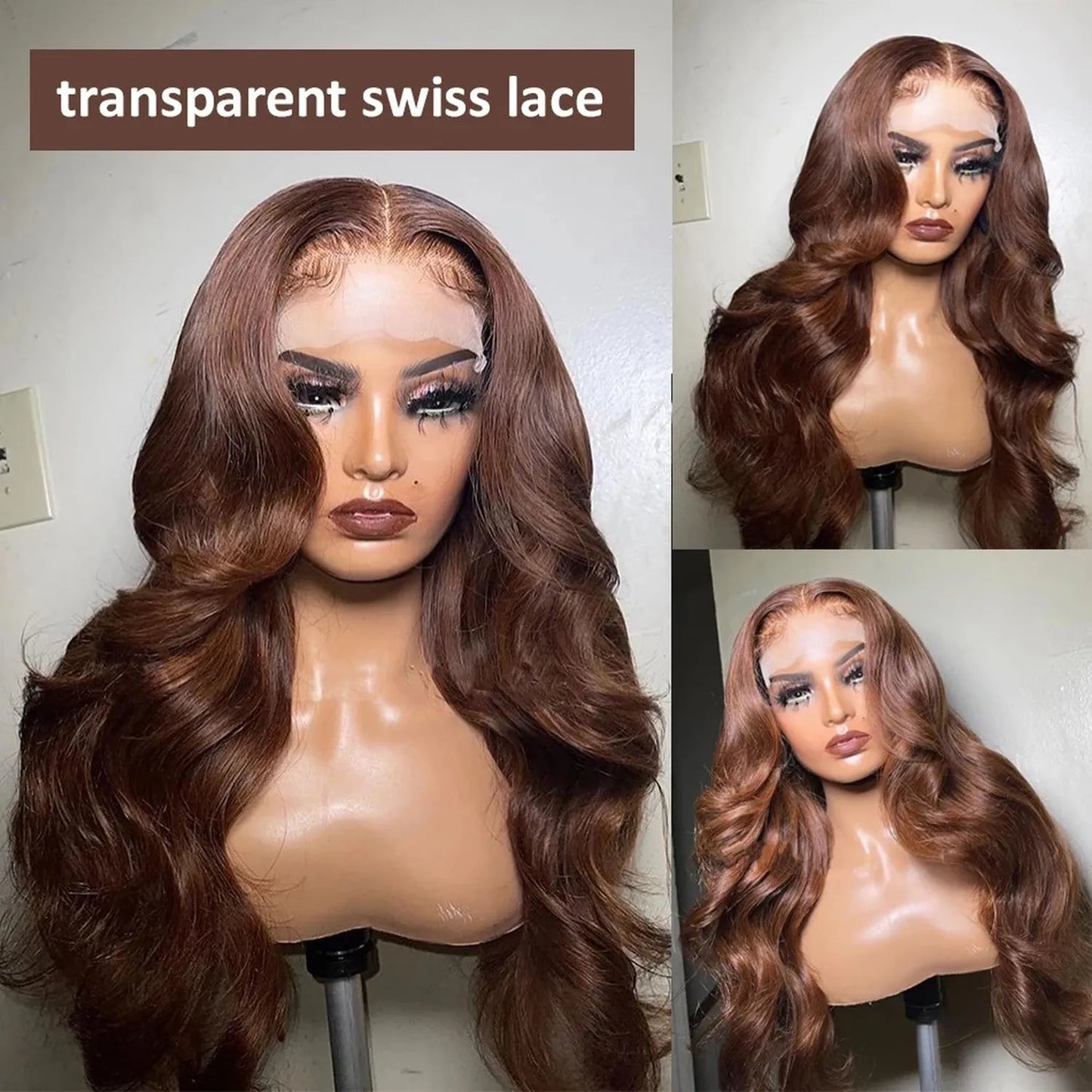HD lace wavy brown wig transparent swiss lace invisible hairline heat resistant 180C triple view
