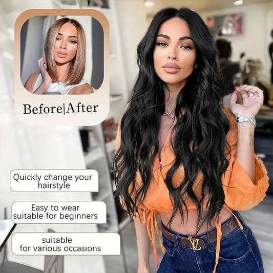 Synthetic heat resistant wig before after styling, wavy texture transformation, 120°C safe heat styling