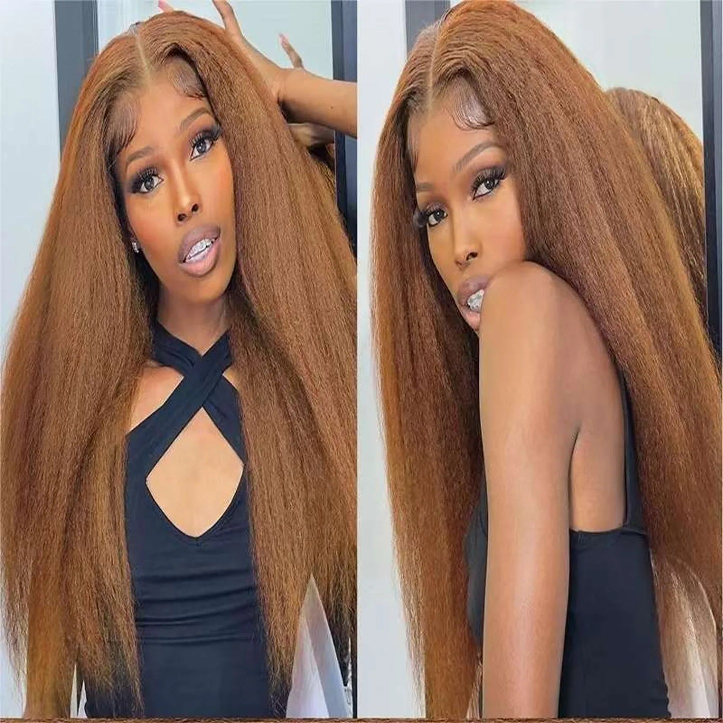 Brown blonde ombre wig 30 inch lace front heat resistant yaki straight dual view