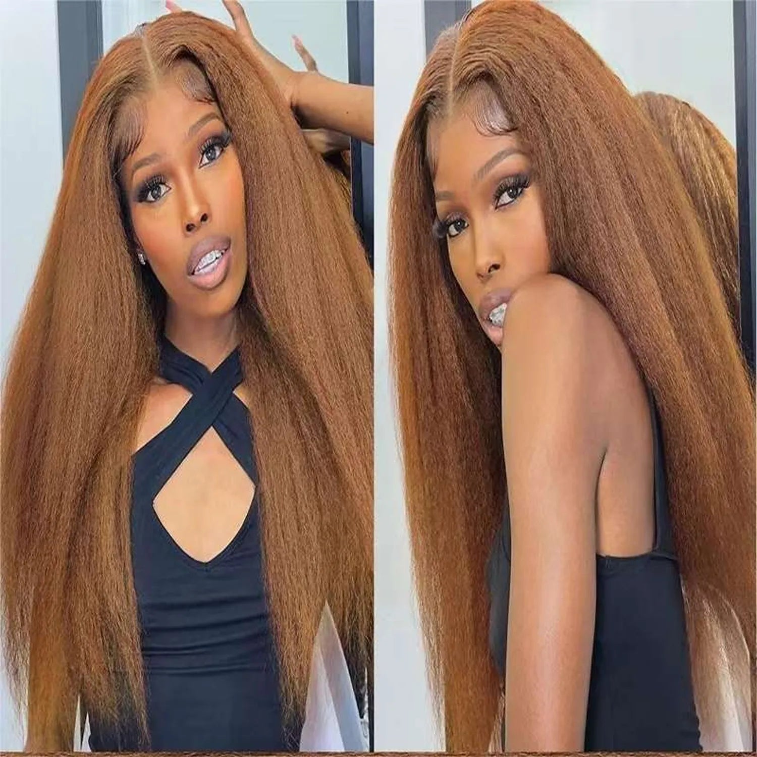 Brown blonde ombre wig 30 inch lace front heat resistant yaki straight dual view